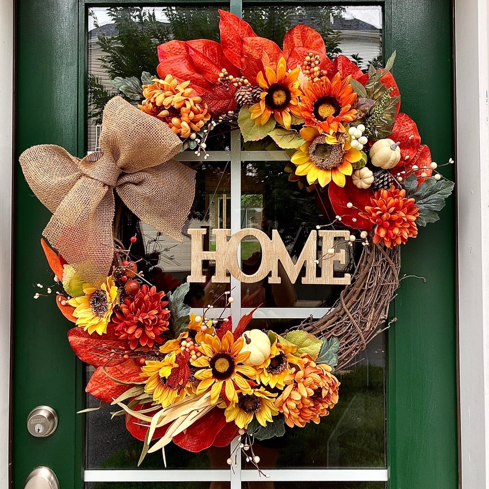 Handmade Fall Wreath with hanging Home Sign